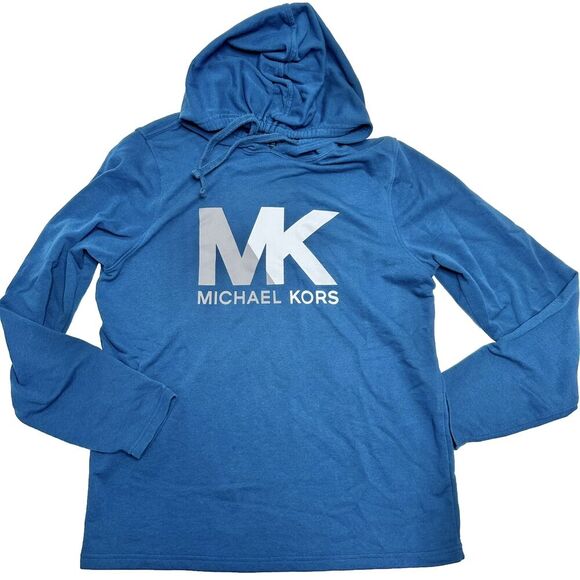 MICHAEL KORS Men’s Size Medium Blue MK LOGO Hooded Lounge Long Sleeved Shirt - Picture 1 of 6